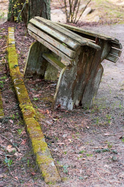 Old Broken Wooden Bench Forest Road Border Overgrown Moss Peeling — Stock Photo, Image