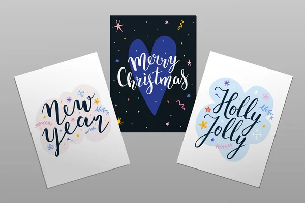 Merry Christmas cards templates with lettering. Holly jolly calligraphy phrase with doodle illustrations. Abstract design templates, pre-made invitations with typography, posters or greeting cards. — Stock Vector