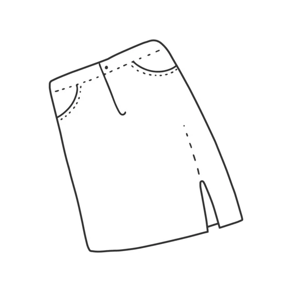 Ilustración de falda vaquera de longitud media, dibujo vectorial de línea mínima aislado en blanco. símbolo de la moda, costura, bueno como icono o logotipo . — Vector de stock