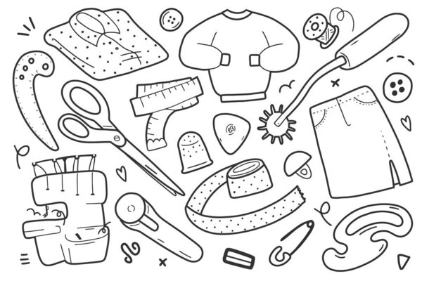 Sewing illustration kit, collection of dressmaking and needlework supplies isolated doodle drawings, supplies and tools for seamstress