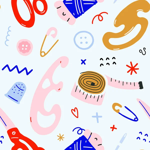Fondo de costura abstracto moderno en estilo doodle de moda. Ilustraciones coloridas dibujadas a mano, patrón de vector sin costuras con herramientas y equipos a medida, tijeras, bobina y cinta métrica , — Archivo Imágenes Vectoriales