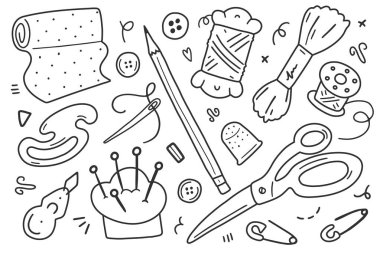 Dikiş seti, vektör alip sanatları koleksiyonu, aletler, ekipmanlar ve aksesuarlar. Münferit karalama çizimleri, atölye, stüdyo atölyesi ya da terzi için iyi..