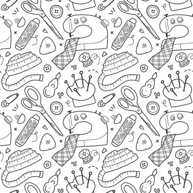 Dikiş ve terzilik araçları, aksesuarlar ve ekipmanlar, vektör arkaplan, kusursuz vektör deseni, basit siyah ve beyaz çizgi sanatı, ana hatlar çizimleri