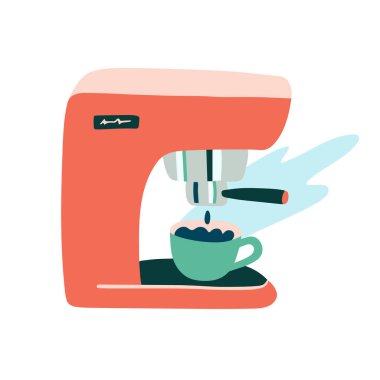 Modern kahve makinesi klipsi, modaya uygun düz el çizim vektör çizimi kahve makinesi, renkli karalama tarzı,