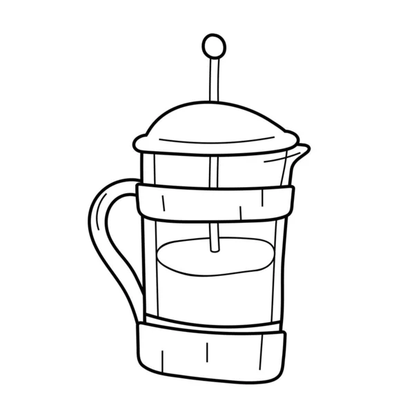 コーヒーを醸造するための道具、ベクトル分離ラインアート、フランス語のプレスポットの線形イラスト. — ストックベクタ