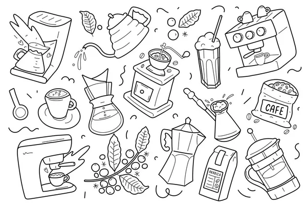 Ensemble de dessins de contour de café, ustensiles, équipements et outils pour divers types de café de brassage. cliparts vectoriels isolés linéaires . — Image vectorielle