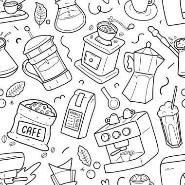 En az çizgisel siyah-beyaz çizgilerden oluşan kafe deseni. Simle vektör arkaplanı, modern karalama tarzında kahve hazırlamak için araçların çizimleri