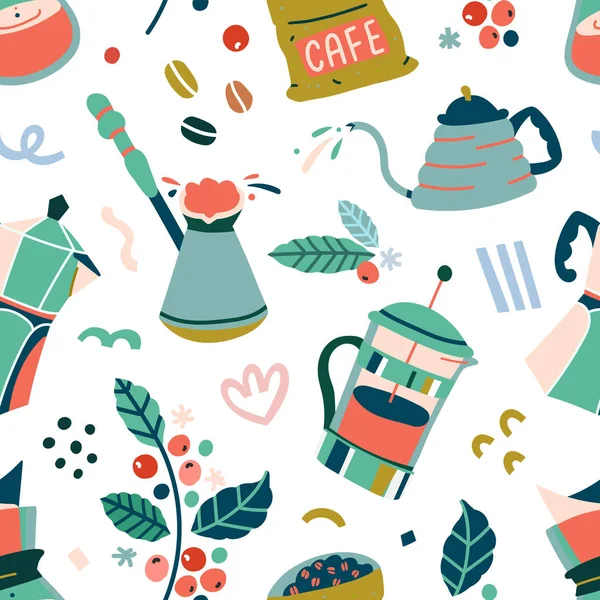 Ferramentas de café pano de fundo feito de ilustrações simples vetor doodle, arte moderna de vários utensílios para a fabricação de café, cerze turco, imprensa francesa e panela moka . — Vetor de Stock