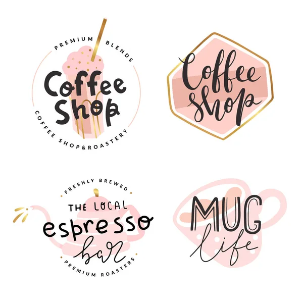 Colección de logotipos de cafetería, símbolos vectoriales con ilustraciones en color pastel y decoración de lámina de oro, estilo moderno simple, letras manuscritas, bueno para la cafetería — Archivo Imágenes Vectoriales