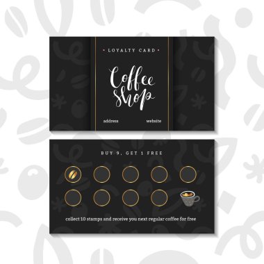 Coffee card, loyalty program for coffee shop or cafe. Pre-made layout, special offer for customers to collect stamps, buy 9 get one free. Modern simple design with doodle illustrations clipart