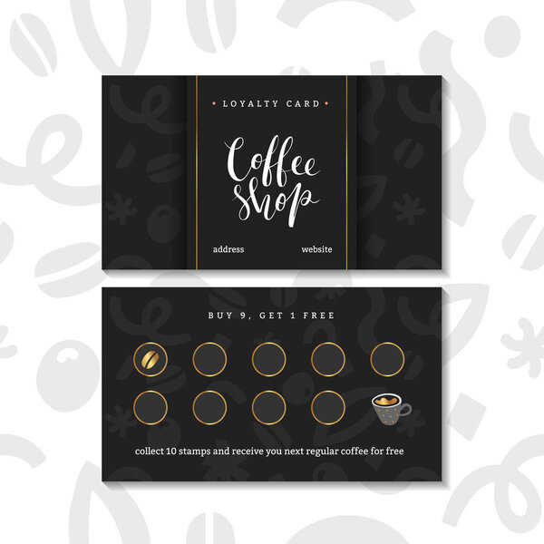 Coffee card, loyalty program for coffee shop or cafe. Pre-made layout, special offer for customers to collect stamps, buy 9 get one free. Modern simple design with doodle illustrations