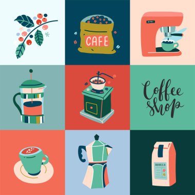 Kafe ya da kafe için poster, kare blok kompozisyonu, modern el çizimleri, kahve makineli vektör pankartı