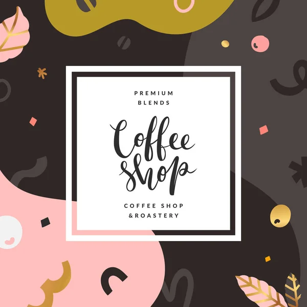 Abstrato fundo de café, modelo de página com espaço de cópia, letras manuscritas. Banner vetorial decorado com doodles e formas. Design simples moderno — Vetor de Stock