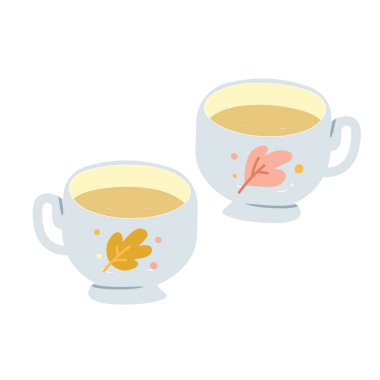 Çay fincanları sıcak bitkisel ya da yeşil çay, bitki desenli dekoratif porselen çay fincanları. Çay veya kahve servisi için seramik mutfak gereçleri, izole edilmiş el çizimi vektör illüstrasyonu