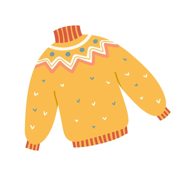 Meleg sárga kötött kézzel készített pulóver őszi vagy téli szezonra. Elszigetelt rajzfilm kézzel rajzolt vektor — Stock Vector