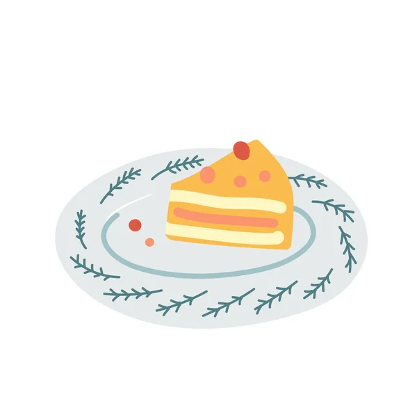 Pièce de gâteau décorée de baies sur plaque de porcelaine décorative isolée sur fond blanc. Dessert savoureux, tarte ou pâtisserie aux biscuits sucrés. Illustration simple dessinée à la main — Image vectorielle
