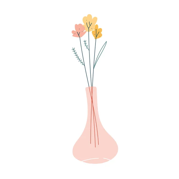 Buquê de flores simples em vaso de vidro, design de estilo escandinavo contemporâneo, desenho vetorial simples, ilustração artesanal isolada. Flores silvestres em artigos de vidro , —  Vetores de Stock