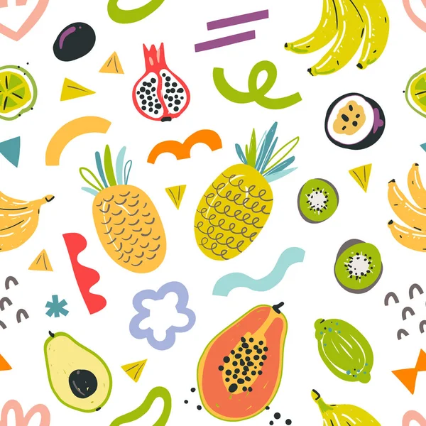 Tropisch fruitpatroon, naadloze vectorachtergrond, kleurrijke handgetekende zomerse verse gerechten. Ananas, papaja en avocado fruit, moderne eenvoudige ornament, goed als mode-print of achtergrond — Stockvector