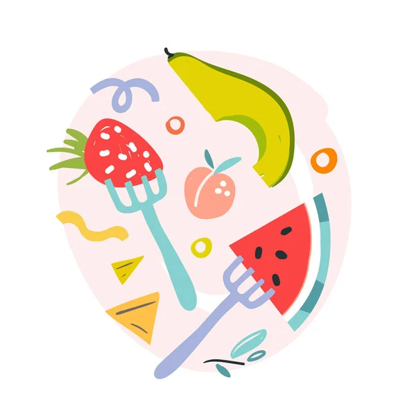 Gyümölcs diéta, villa, görögdinnye, eper és avokádó gyümölcse, egészséges étrend koncepció. Modern lapos kézzel rajzolt illusztráció, elszigetelt vektor elrendezése. Színes firka rajz — Stock Vector