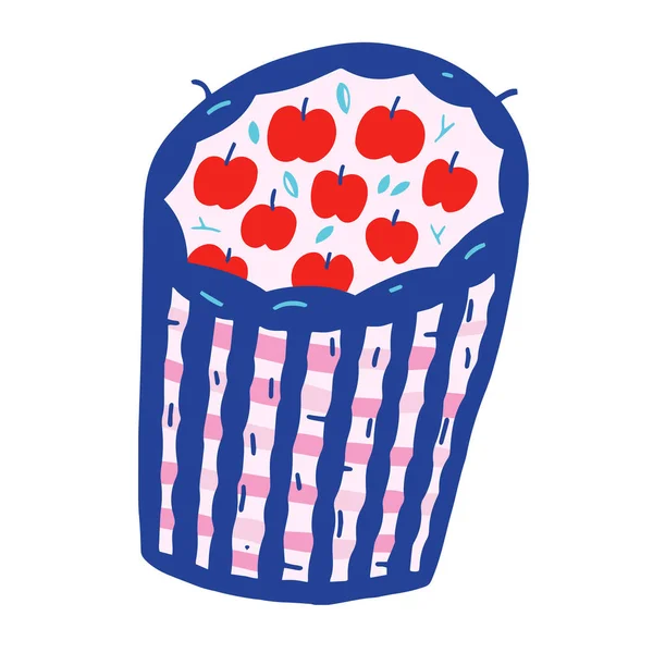 Panier plein de pommes, récolte fraîche mûre, pommes rouges cueillies dans le jardin, fruits récoltés dans un panier en osier, illustration vectorielle isolée, style mignon scandinave dessiné à la main . — Image vectorielle