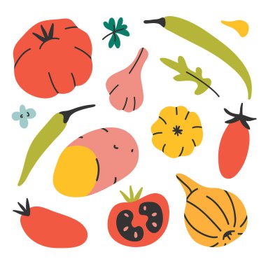 Vegetables set, isolated vector cliparts, vector illustrations of farming organic veggies, simple modern hand drawn drawing, tomato, potato and onion isolated on white, vegetable garden
