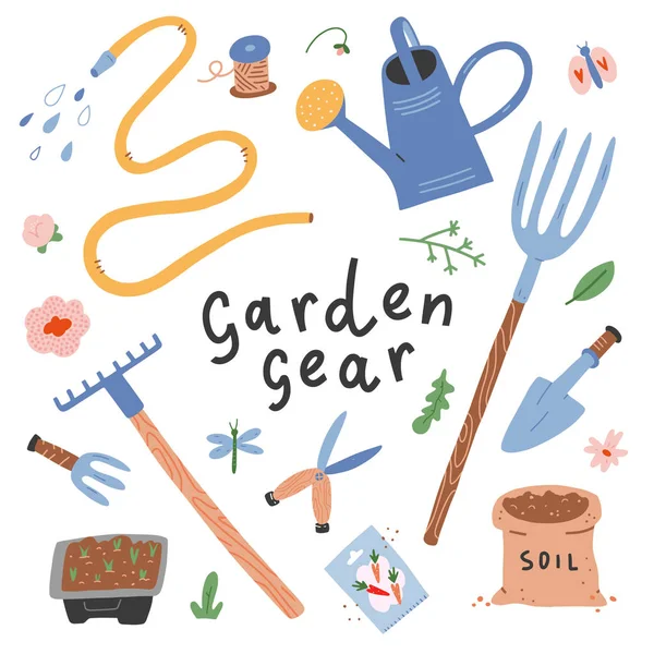 Zahradní náčiní, zahradnické nářadí a zásoby pro zemědělce. Zavlažovací plechovka, hrábě a showel, izolované vektorové ilustrace, ručně kreslený kreslený kreslený styl, vybavení pro zahradníky — Stockový vektor