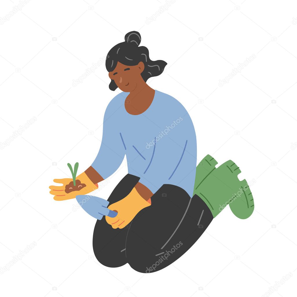 Young woman working in garden, female character sitting on knees and planting seedlings. Vector modern hand drawn cartoon illustration of cute girl gardener.