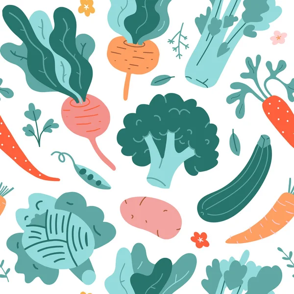 Vegetable pattern, seamless vector background, various veggies, broccoli, cabbage, radish and beet root. Colorful doodle vegetables, repeat texture. Farm or garden products, vegetarian food — Stock Vector