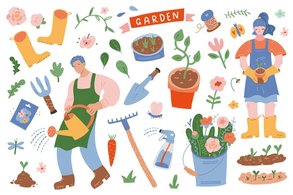 Trädgårdsskötsel. Vektor illustrationer av människor i trädgården med verktyg, växter, utrustning och förnödenheter, söt handritad tecknad film, kvinna och man som arbetar i trädgården, vårblommor — Stock vektor