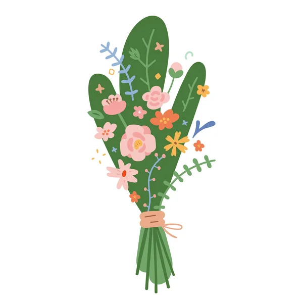 Tavaszi vadvirág csokor, nagy csokor különböző tavaszi virágok ágak, különböző mezei virágok gyűjtött rusztikus csokor, aranyos rajzfilm vektor művészet, kerti virág — Stock Vector