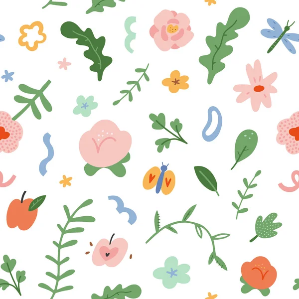 Frühlingsblumenmuster, nahtloser Hintergrund mit verschiedenen Sommer- und Frühlingsblumen mit Blättern und Zweigen, flache Laien-Gartenszene. moderne einfache handgezeichnete Illustration — Stockvektor