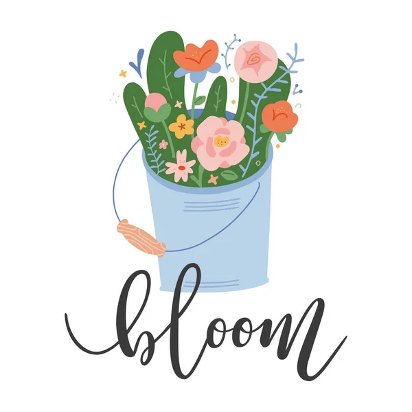 Tarjeta de primavera con cubo de flores silvestres, ramo de jardín con letras de flores, inspiración para la primavera, ilustración dibujada a mano de dibujos animados lindo. Tarjeta de letras para floristería, jardín — Vector de stock