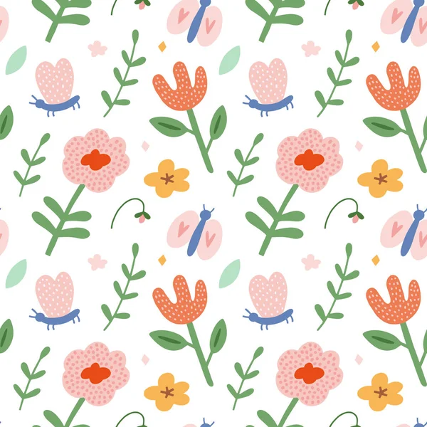 Padrão de primavera com flores, plantas e borboleta, desenhos animados bonitos, ilustração desenhada à mão, fundo sem costura vetorial, desenho infantil, impressão floral para tecido têxtil — Vetor de Stock