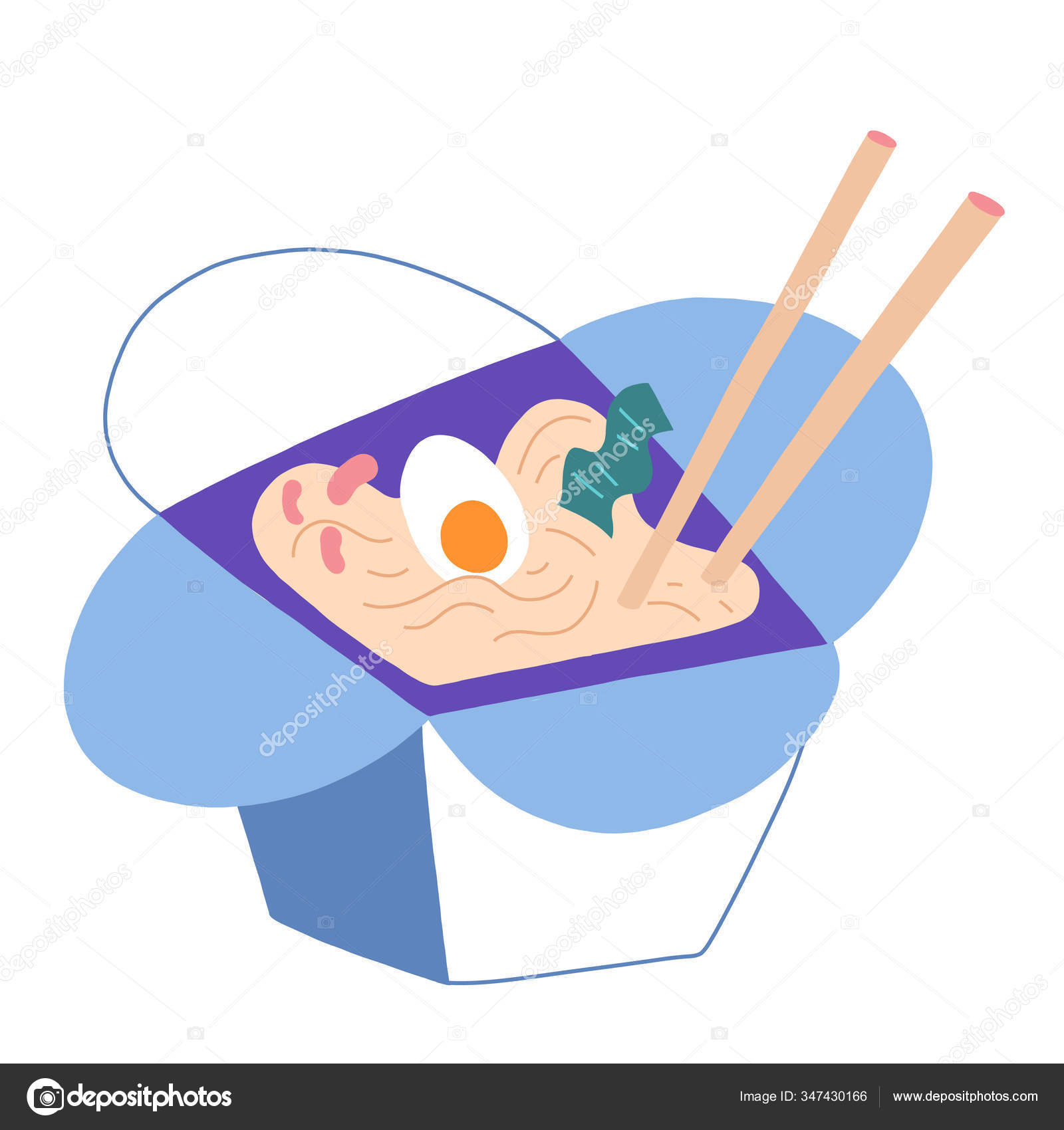 Image vectorielle Ramen in take away boîte en papier avec baguettes Doodle  dessin animé plat illustration de soupe de nouilles japonaise  traditionnelle avec oeuf et bouillon, art isolé vectoriel dessiné à la, image size:1600x1700