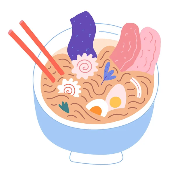 Miska Ramen. Doodle płaska kreskówka ilustracja tradycyjnej japońskiej zupy makaronowej z kamaboko, jajka mięsne i pałeczki. Ręcznie rysowane wektory odizolowanej sztuki. Azjatycki rosół. Dobre dla menu, logo — Wektor stockowy