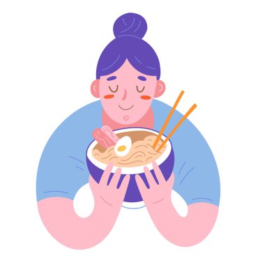 Ramen yiyen bir kadın, sıcak Japon erişte çorbasıyla bir kaseyi delip geçen sevimli karakterin çizimi, Browth ve çubuklu geleneksel yemek. Düz elle çizilmiş çizgi film çizimi