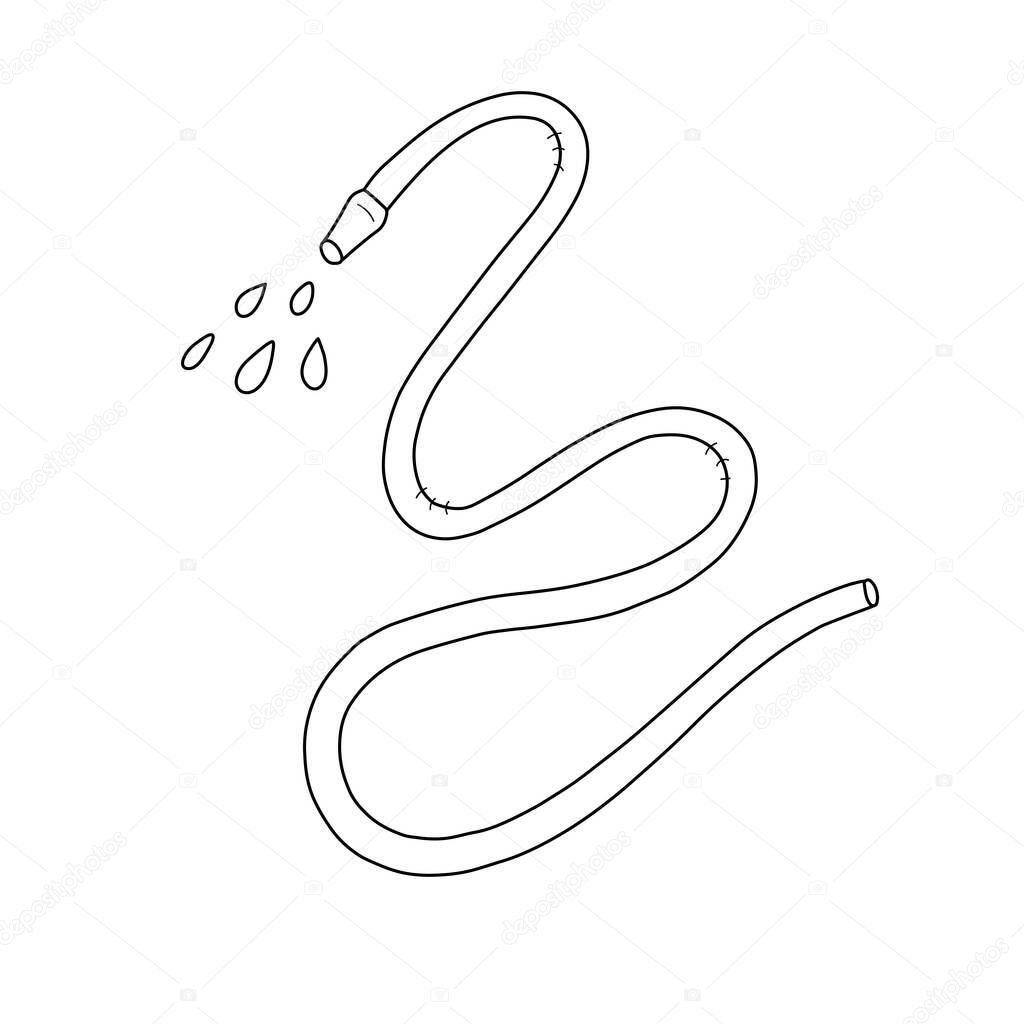 Watering hose doodle llustration, isolated vector drawing of gardening equipment and garden gear for irrigation and watering plants, good as logo