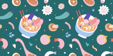 Erişte çorbası, uçan arka plan, Japon yemeği, narutimaki, yemek çubuklarıyla yumurta ve kase, ramen dükkanı için renkli süs, menü veya duvar baskısı. pürüzsüz vektör deseni