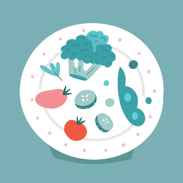 健康蔬菜盘、病媒图解、绿食盘、健康饮食的概念.西兰花，黄瓜和甜豌豆，素食，涂鸦卡通片 — 图库矢量图片