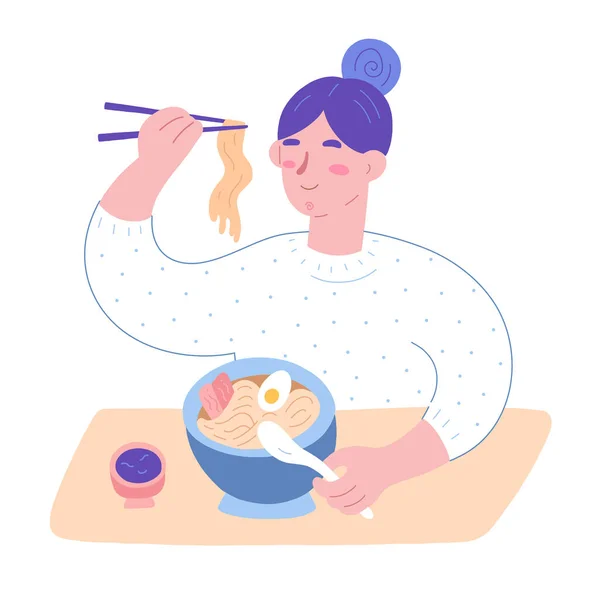 Frau isst Ramen-Nudelsuppe, japanisches Essen, süßes Mädchen isst und genießt ihre Mahlzeit im Ramen-Shop-Café, hält Stäbchen in der Hand, sitzt am Tisch. Niedliche Zeichentrickfigur — Stockvektor