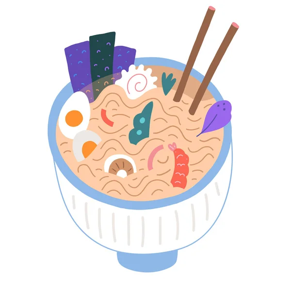 Ramen bowl kreslené ilustrace, japonské jídlo, ploché kreslené vektorové umění, tradiční asijská nudlová polévka s hůlkami. Ramejský obchod nebo asijská kavárna. Dobré pro menu, logo — Stockový vektor