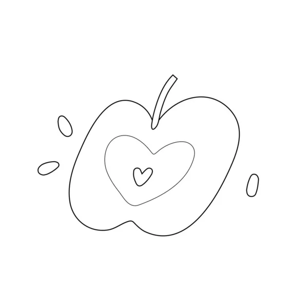 Kresba jablečného obrysu, střih se semínky, roztomilá kreslená kresba, samostatná vektorová kresba — Stockový vektor