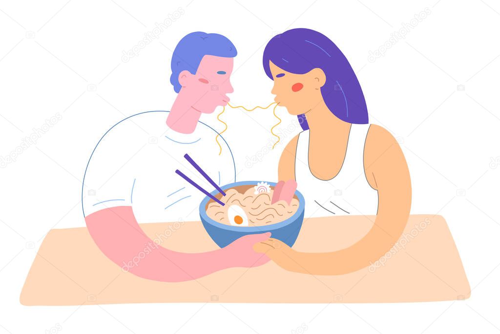 Noodle kiss, couple eating ramen, holding hands in cafe, cute flat illustration, isolated vector drawing, japanese noodle soup in bowl with chopsticks. Man and woman in ramen shop romantic date