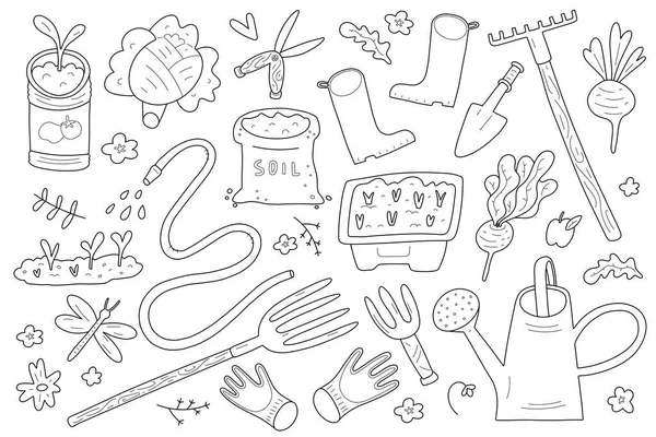 Colection d'outils de jardinage et d'agriculteurs, illustrations vectorielles de gribouillis isolés, matériel de jardin, tuyau d'arrosage et boîte, fourche et râteau . — Image vectorielle