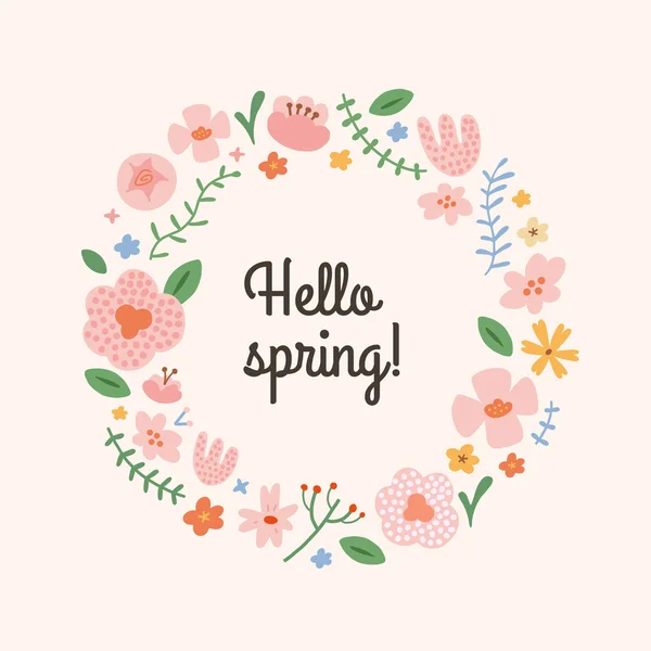 Üzerinde tipografi ve çiçek çizimleri olan bahar kartı. Dekoratif çiçek çerçeveli bahar kartı, vektör çizimi, dekoratif florid arkaplan