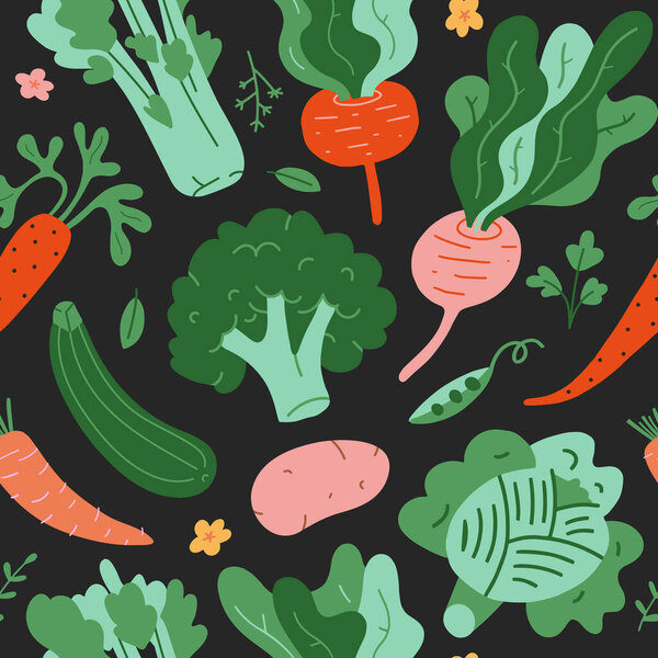 veggies pattern, seamless background with hand drawn doodle vegetables, Flat cartoon illustrations of broccoli, cabbage, beet root and celery. Vegetarian healthy food,