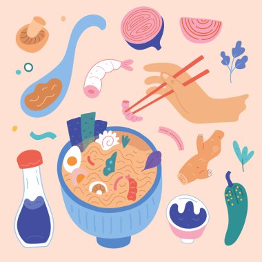 Doodle Ramen. Çeşitli erişte, saoy sosu, malzemeler ve yemek çubukları ve diğer nesneler. El çizimi vektör seti. Tüm elementler izole edildi. Asya yemeği yiyen kişi, ramen kaşığı