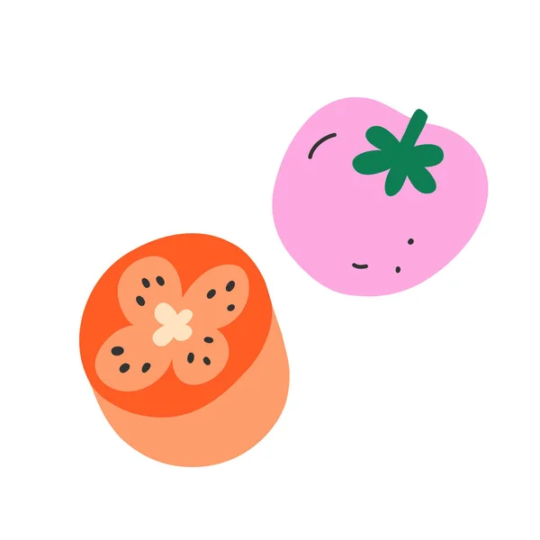 Каракулі томат, милий векторний значок, ізольовані Векторні ілюстрації, солодкий свіжий помідор нарізаний навпіл, приготування інгредієнту, плоский малюнок мультфільму, органічний томатний овоч — стоковий вектор