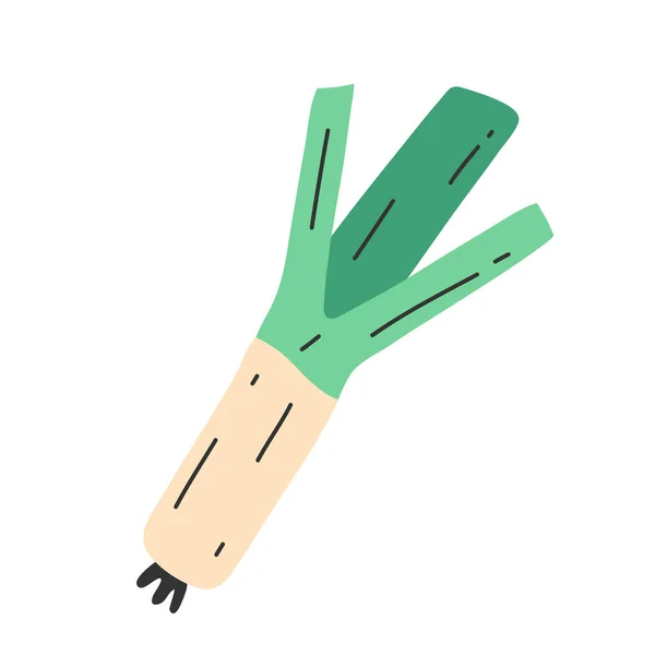 Leek ui icoon, geïsoleerde vector illustratie van groene lekkastanje met bladeren, gezonde groente, salade ingrediënt, handgetekende doodle — Stockvector
