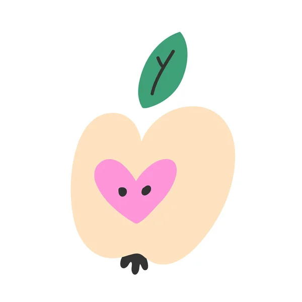 かわいいリンゴのアイコン、白い背景に孤立した手描きベクトルイラスト、種子で半分にカットされたアップル — ストックベクタ